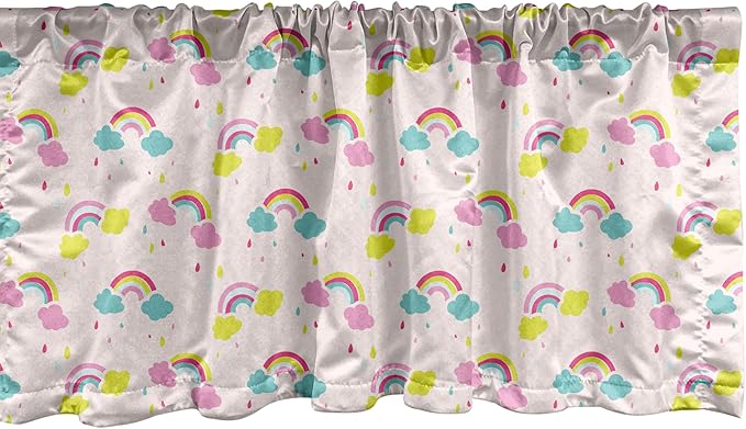 Ambesonne Cartoon Window Valance, Pastel Rainbows Clouds Raindrops Sky Theme, Curtain Valance for Kitchen Bedroom Decor with Rod Pocket, 54" X 18", Rose and Multicolor