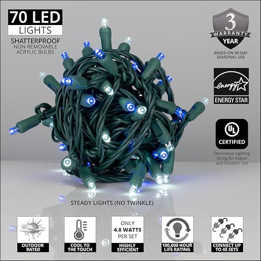 Wintergreen Lighting 70 Count 5mm LED Blue and Cool White Christmas Lights, 24 ft Green Wire Commercial Grade Wide Angle Mini String, Outdoor Holiday Décor