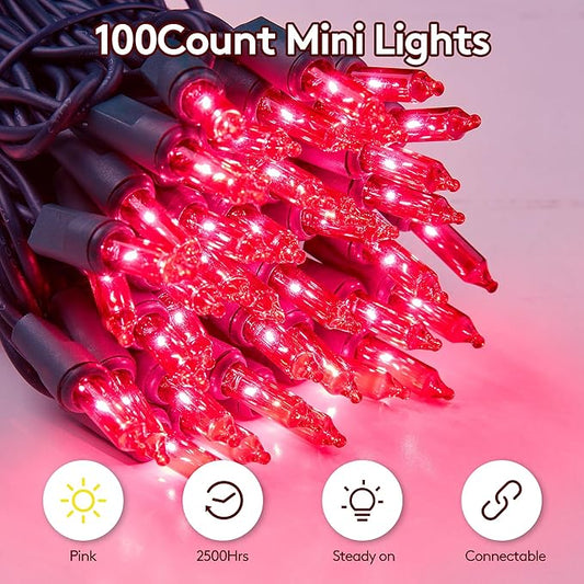 Christmas Lights Indoor Outdoor 100 Count Incandescent Light UL Certified Connectable Christmas Tree Lights with Green Wires for Xmas, Wedding, Holiday, Party, Home, Valentines Day Decoration(Pink)
