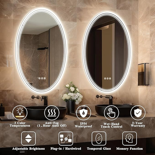 20''x28'' Oval Lighted Mirrors for Bathroom Wall Backlit + Front Lit, Oval LED Bathroom Mirror Frameless with Lights Anti Fog, Dimmable, 3 Colors,Tempered Glass, Shatter-Proof