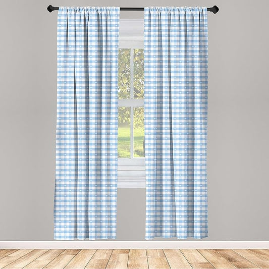 Ambesonne Checkered Window Curtains Pack of 2, Gingham Motif with Little Hearts Pastel Blue Shower Theme, Lightweight Set with Rod Pocket, 4 Panels of - 28" x 63", Blue