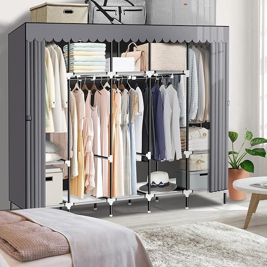 LOKEME Portable Closet, Great Size 82-Inch Portable Wardrobe with 5 Hanging Areas and 10 Storage Shelves for Hanging Clothes, Extra Sturdy 25mm Steel Tube and Easy to Assemble, Grey