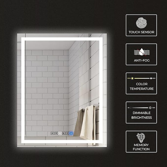 Fab Glass and Mirror LED Mirror 28x36 Inches, Led Bathroom Mirror with Lights Front and Backlit Anti-Fog Memory Brightness, Three Color Options Frameless Wall Mounted Bathroom Vanity Mirror