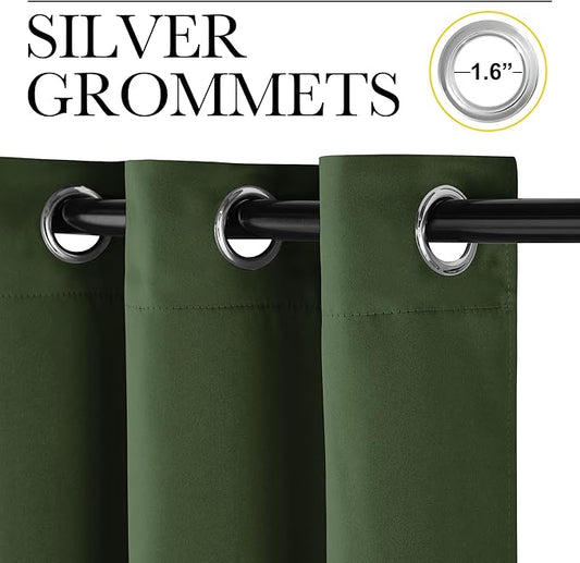 NICETOWN Dark Green Blackout Cafe Satin Curtains for Small Windows, 42" Wide by 84" Long, 2 Panels, Grommet Noise Reducing Faux Silk Blackout Drapes for Dining Room