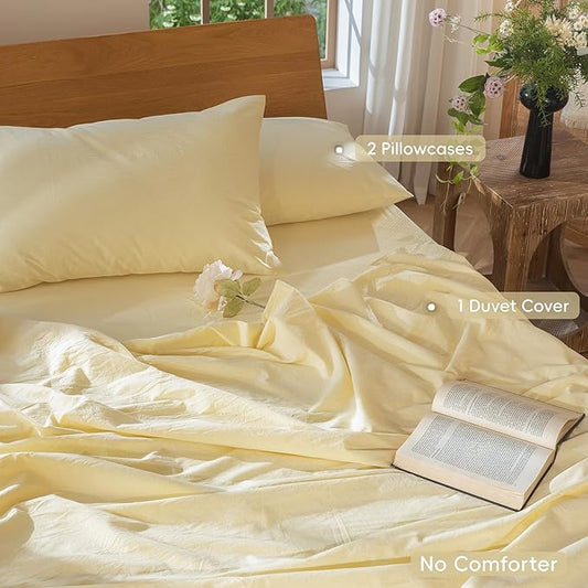 MooMee Bedding Duvet Cover Set 100% Washed Cotton Linen Like Textured Breathable Durable Soft Comfy (Heathered Butter Yellow, Super King 108"x98")