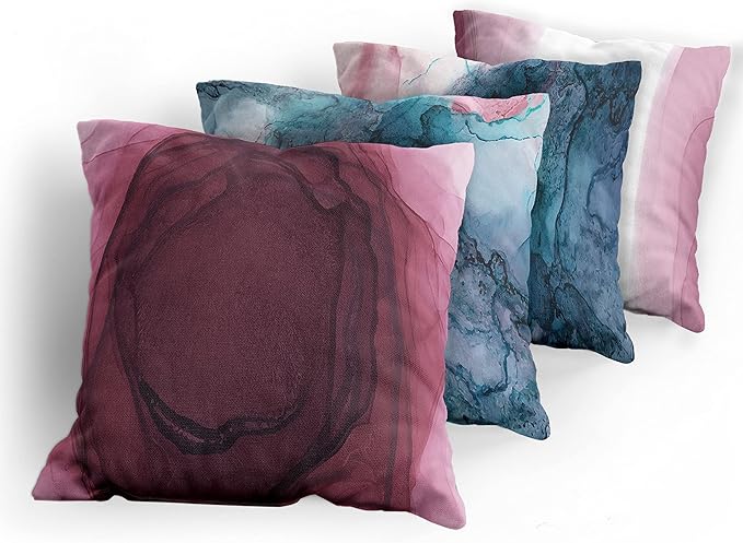 Ambesonne Marble Print Throw Pillow Cushion Case Pack of 4, Watercolor Effect Brushstrokes Stains and Hues Modern Bicolour, Modern Accent Double-Sided Digital Printing, 24", Petrol Blue and Dried Rose
