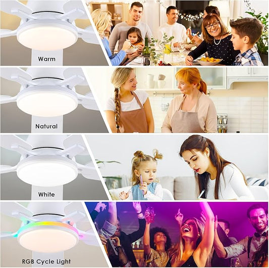 Ceiling Fans with Lights- 52" RGB Low Profile Indoor Ceiling Fan with Light and Remote/APP Control, Flush Mount, LED Dimmable DC Reversible Modern Ceiling Fan for Bedroom(White)