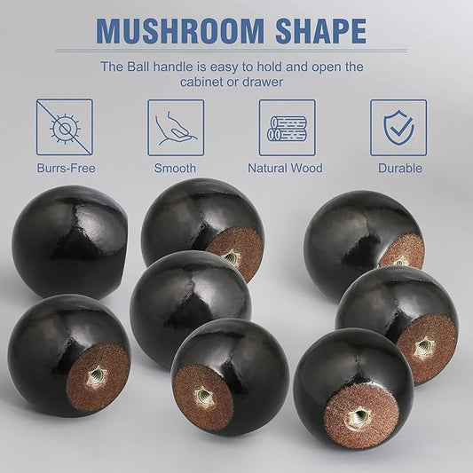 FoDau770 30pcs Black Wood Knobs, Round Ball Cabinet Knobs Vintage Drawer Pulls, Natural Wooden Cabinet Hardware for Furniture Drawer Dresser Wardrobe Cupboard - 1-1/4" Diameter
