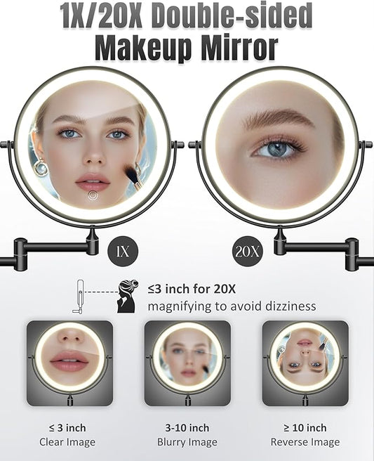 Wall Mounted Makeup Mirror with Light, 20X/1X 8'' Double Sided LED Magnifying Bathroom Lighted Vanity Mirror with Magnification, 3 Color Light up Touch Dimmable Extended Arm 360 Rotation