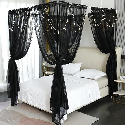 Akiky Canopy for Girls Room Black Bed Curtains Elegant Sheer Curtain for Twin Full Queen King Size Bed Drapes,8 Panels Canopies with Light,Room Décor(Twin,Black)