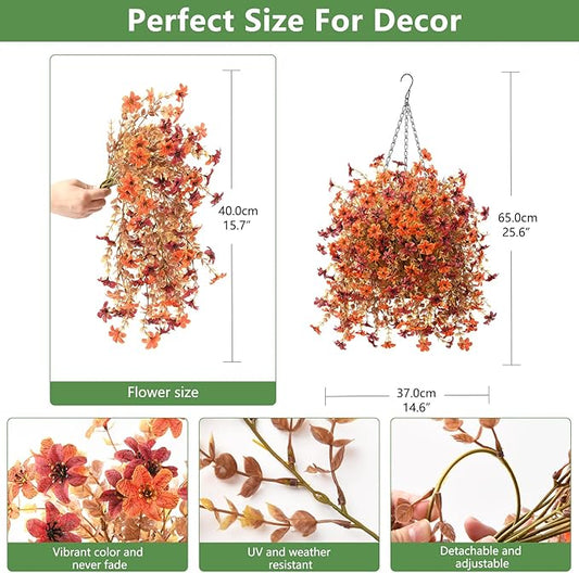 INQCMY Fall Artificial Faux Hanging Flowers Plants Basket for Outdoor Outside Decoration,Fake Silk Daisy in Planter Realistic UV Resistant for Home Porch Balcony Patio Yard Autumn Decor(Orange Brown)