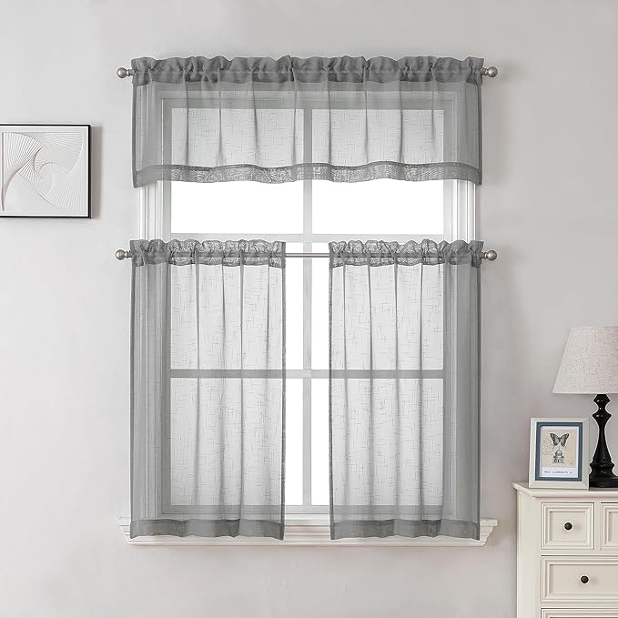 Aiyufeng Kirei Grey Sheer Kitchen Curtains 36 inch Length for Small Window, Faux Linen Textured Light Filtering Privacy Short Cafe Curtains for Living Room/Bedroom, 30Wx36L inch, Set of 2, Gray