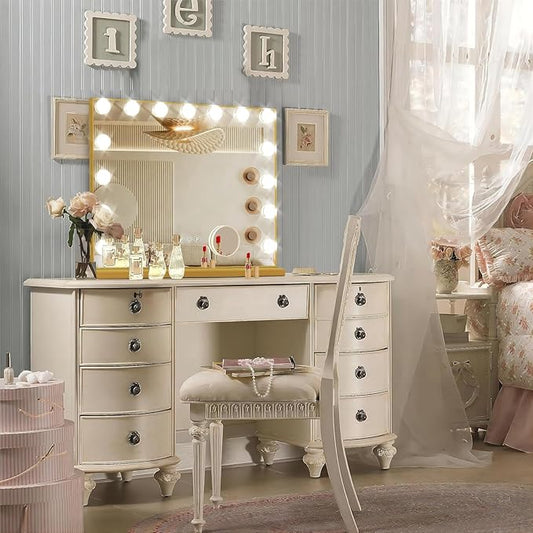 Gold Hollywood Vanity Mirror with Lights, 15 Dimmable Bulbs, 3 Color Lights,Make Up Lighted Mirror, Aluminum Metal Frame, USB Charging Port(23" x 18")
