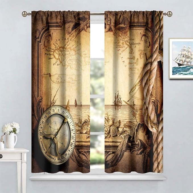 Pirate Map Curtains, Nautical Theme Old Ancient Treasure Map Secret Sea History Pattern Blackout Window Drapes for Kids Boys Bedroom Living Room 84x84in