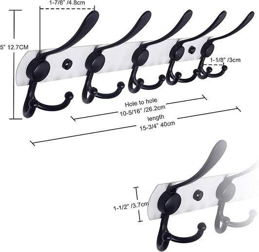 Dseap Wall Mounted Coat Rack - 5 Tri Hooks, Heavy Duty, Stainless Steel, Metal Coat Hook Rail for Coat Hat Towel Purse Robes Mudroom Bathroom Entryway (White & Black, 2 Packs)
