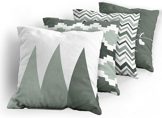 Ambesonne Modern Throw Pillow Cushion Case Pack of 4, Geometric Style Pattern of Triangles Zigzags Love Home Phrase Print, Modern Accent Double-Sided Digital Printing, 24", Dark Sea Green and White