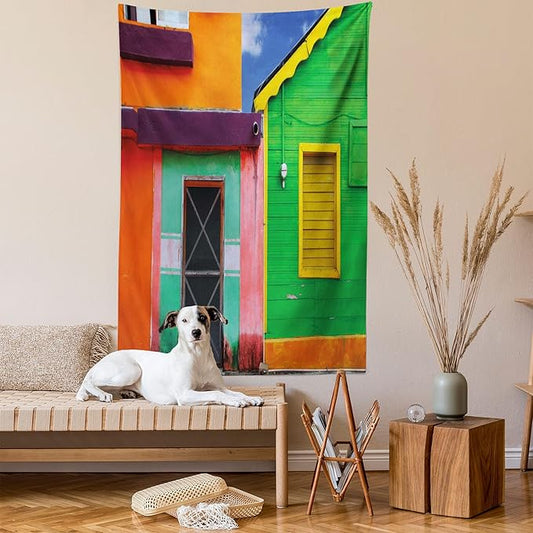 Lunarable Mexican Tapestry, Caribbean Houses in Vibrant Color Scheme in Isla Mujeres Mexico Latin America Photo, Wall Hanging for Bedroom Living Room Dorm Decor, 40" X 60", Green Pink