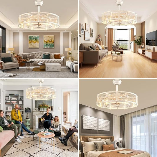 DLLT Caged Ceiling Fan with Lights: 26" Bladeless Fandelier with Light and Remote - Cement Industrial Chandelier Fan Light for Bedroom Living Dining Room Kitchen