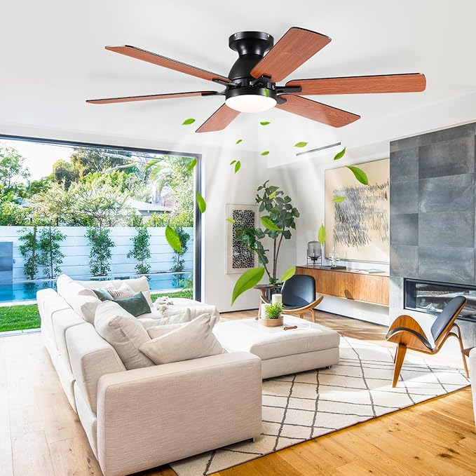 Ceiling Fans with Lights- 52" Low Profile Indoor Ceiling Fan with Light and Remote/APP Control, Flush Mount, 6 Blade, LED Dimmable DC Reversible Modern Ceiling Fan for Bedroom(Brown)