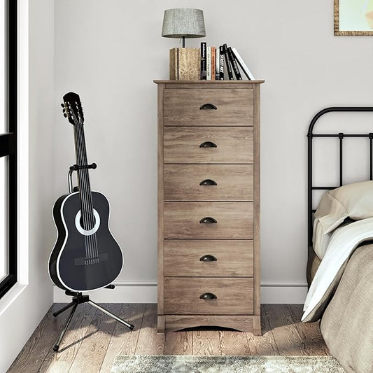 Prepac Salt Spring Rustic 6-Drawer Tall Dresser for Bedroom, Farmhouse Dresser Chest of Drawers 19" D x 23.25" W x 52.75" H, Drifted Gray, DDC-2354