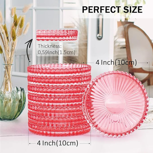 Glass Candle Holders, GOH DODD Set of 8 Crystal Pillar Plates Modern Coasters for Drinks, Centerpiece, Home Decor, Kitchen, Living Room, Patio, Wedding, Halloween, Christmas, Party, Clear Red