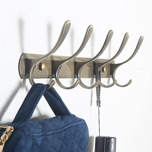 SKOLOO Modern Metal Wall Coat Rack with 5 Hooks, Sturdy Wall Hook Rack for Hanging Jacket, Clothes, Hat, Bronze