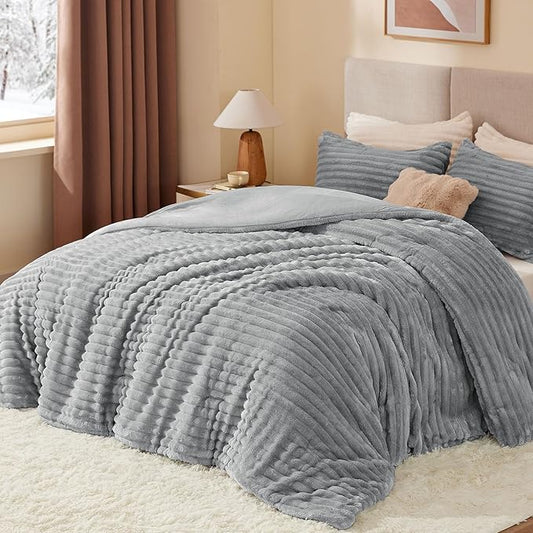 BEDELITE Fleece Twin Comforter Set -Super Soft & Warm Fluffy Light Grey Bedding, Luxury Fuzzy Heavy Bed Set for Winter with 1 Pillow case
