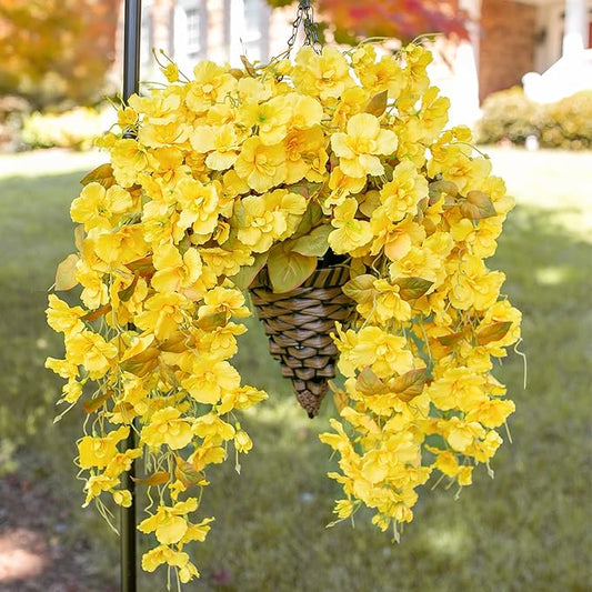 Artificial Fake Fall Hanging Flowers Plants Baskets for Outdoor Decoration, 5Pcs Faux Silk Hibiscus Long Vines in Planter UV Resistant Realistic Flower for Outside Home Porch Patio Garden, Fall Yellow