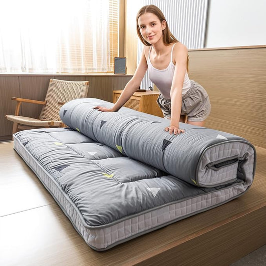 MAXYOYO Grey Triangle Futon Mattress, Japanese Floor Mattress Quilted Bed Mattress Topper, Extra Thick Folding Sleeping Pad Breathable Floor Lounger Guest Bed for Camping, Queen Size