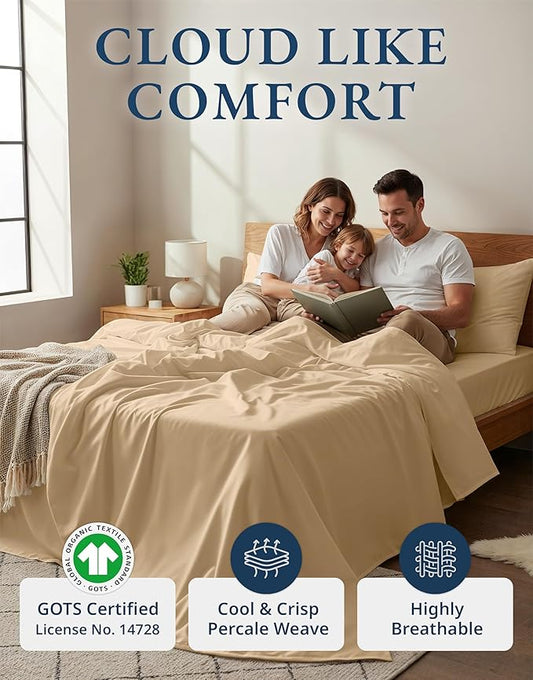 LANE LINEN 100% Organic Cotton Twin Size Bed Sheets, Fully Elasticized Mercerised Cotton Bed Sheet Set, Soft & Comfy Low Pill Face Resistant Bedding Sheets & Pillowcase Set- Linen
