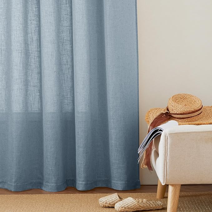 RYB HOME Linen Sheer Curtains 63 inch Length for Dining Room Doorway, Rod Pocket Soft Textured Thick Linen Burlap Privacy Protection Light Filtering 2 Panels Set, W 52 x L 63 inches, Dusty Blue