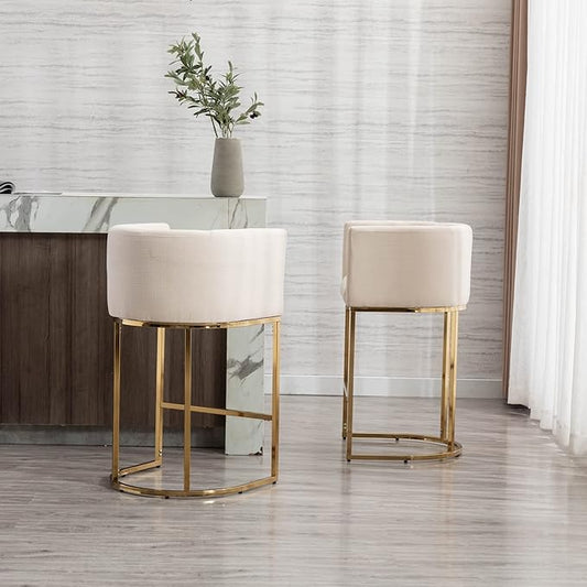 Modern Counter Height Linen Upholstered Bar Stools Set of 3, 29" Kitchen Counter Island Stools Bar Chairs with Gold Metal Frame for Kitchen Island, Cream
