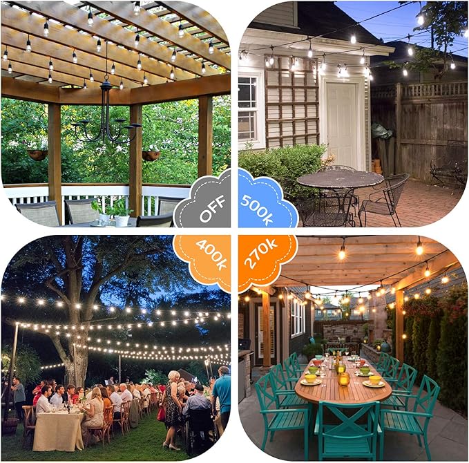 Lakumu 2-Pack 3 Color Dimmable LED Outdoor String Lights for Patio with Remotes, 96FT Waterproof Hanging Lights with Shatterproof Edison Bulbs for Bistro Backyard-Warm White/Neutral White/Daylight