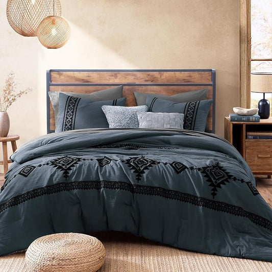 MaiRêve Embroidery Full Size Comforter Set Blue Grey, Farmhouse Western Boho Bedding Set 7 Pieces, All Season Bed in A Bag Comforter Set with Sheets, Pillowcases & Shams