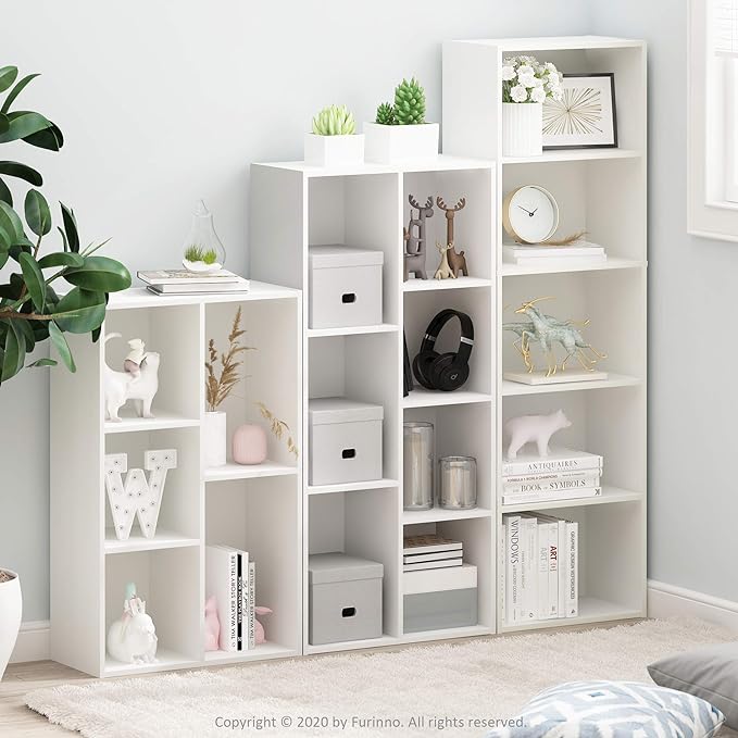 Furinno LUDER Book Shelf, 5-Tier Bookshelf, Bookcase, 9.4" x 15.8" x 52", for Living Room, Bedroom, Home Office, White