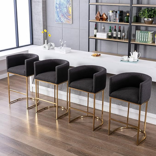 Modern Counter Height Linen Upholstered Bar Stools Set of 4, 32" Kitchen Counter Island Stools Bar Chairs with Gold Metal Frame for Kitchen Island, Charcoal