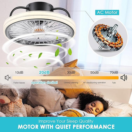 Low Profile Ceiling Fan with Light - Modern Flush Mount Ceiling Fan,15" RGB Dimmable LED Enclosed Ceiling Fans,Modern Bladeless LED-RGB Ambient Light for Bedroom Kids Room Party(Black)