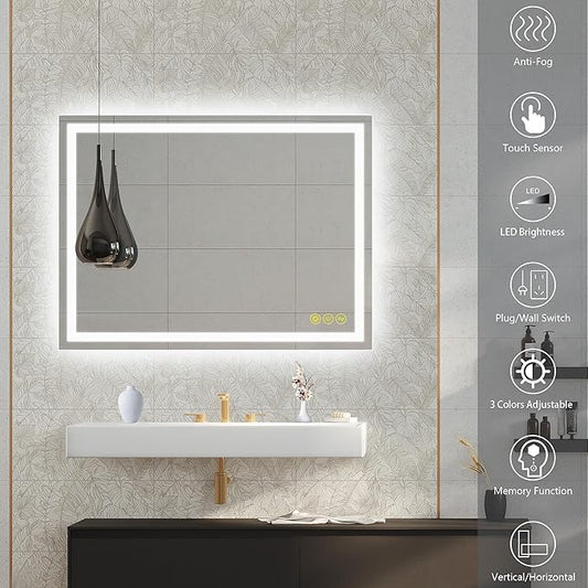 Wall-Mounted LED Square Bathroom Mirror, Makeup Mirror (32 inches x 24 inches,) 3 Color Dimming Bathroom Vanity Mirror with Lights Smart Mirror with Touch (Horizontal/Vertical)