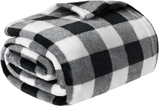 PAVILIA Black and White Buffalo Plaid Fleece Bed Blanket Queen Size, Soft Checkered Flannel Blanket for Sofa, Plaid Christmas Couch Throw Bed, Warm Cozy Decorative Blanket Fall Decor Gift, 90x90