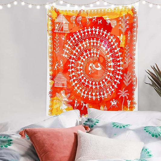 Batmerry Tribal Art Abstract Tapestry, Traditional Ancient Tribal Indian Rural Wall Art Hanging Decoration Polyester Fiber White Ruffled Around for Dorm Room Bedroom Living Room, 59.1x39.4 inches