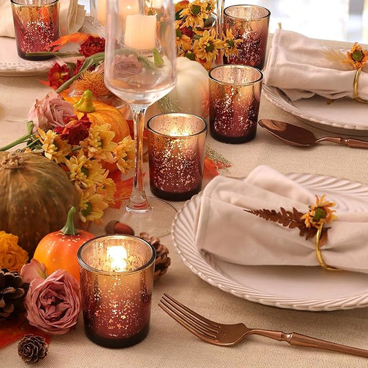 Volens Burgundy Votive Candle Holders Set of 12, Speckles Mercury Glass Tealight Candle Holder Bulk for Table Wedding Centerpiece, Burgundy and Gold Themed Party Decorative & Home Decor
