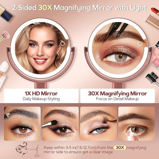 B Beauty Planet Makeup Mirror with Lights, Lighted Magnifying Mirror 30X with 3 Lighting and Adjustable Brightness, 2-Sided Height Adjustable Vanity Mirror for Bathroom, Gifts for Women Rose Gold