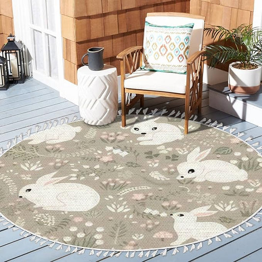 Round Rugs Forest Rabbits Floral Elements Cute Hand Drawn Rabbit Boho Area Rug Linen and Cotton Carpet Meditation Rug