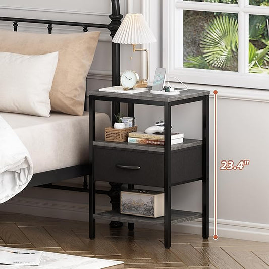 SUPERJARE Nightstand with Charging Station, Bed Side Table with Adjustable Fabric Drawer, Night Stand for Bedroom, 3-Tier Storage End Table, for Living Room, Charcoal Gray
