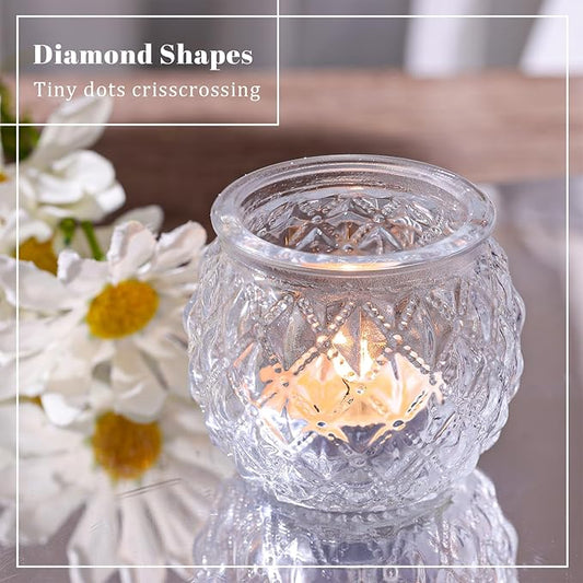 DARJEN 12Pcs Clear Votive Candle Holders - Round Glass Candle Holders for Tea Light Candle, Embossed Candle Votives for Wedding Centerpiece, Living Room & Home Table Decor