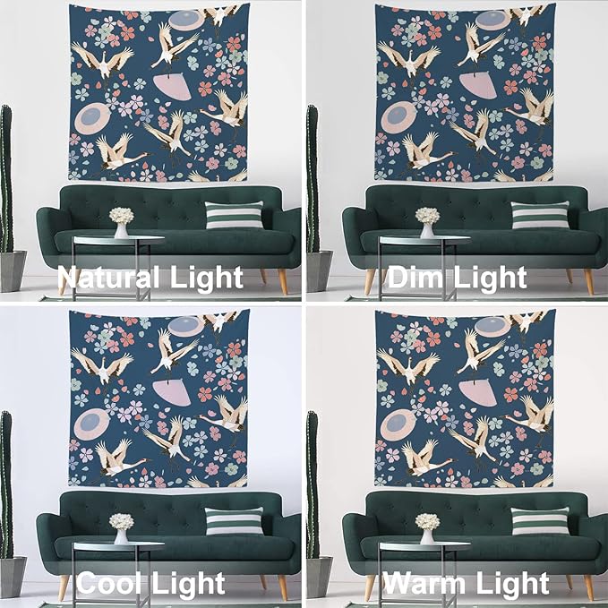 Batmerry Navy Blue Japanese Cherry Tapestry,Oriental Wall Art Hanging Decoration Polyester Fiber White Ruffled Around for Dorm Room Bedroom Living Room, 59.1x59.1 inches