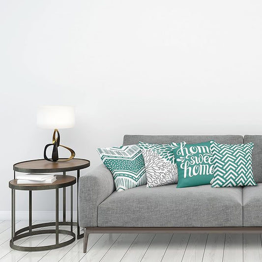Ambesonne Geometric Throw Pillow Cushion Case Pack of 4, Home Phrase Minimal Zigzag Squama Dahlia Flower Petals Chevron Tribal, Modern Accent Double-Sided Digital Printing, 18", Dark Seafoam and White