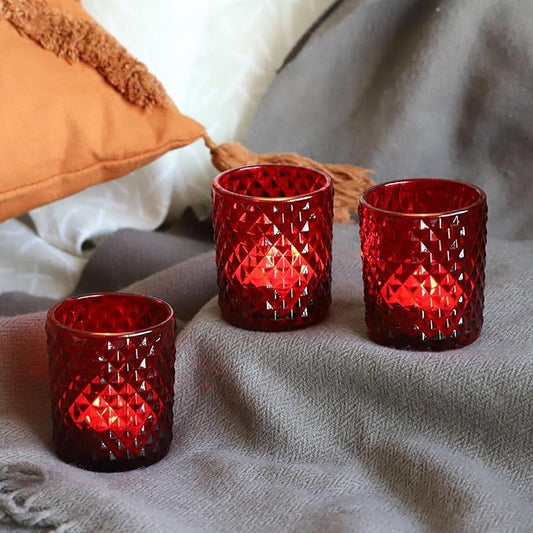 Woho Candle Holders for Votive Candles/Tealight Candles, Votive Candle Holder for Boho Home Decor, Glass Tea Lights Candle Holder for Wedding Party Christmas(24, Red