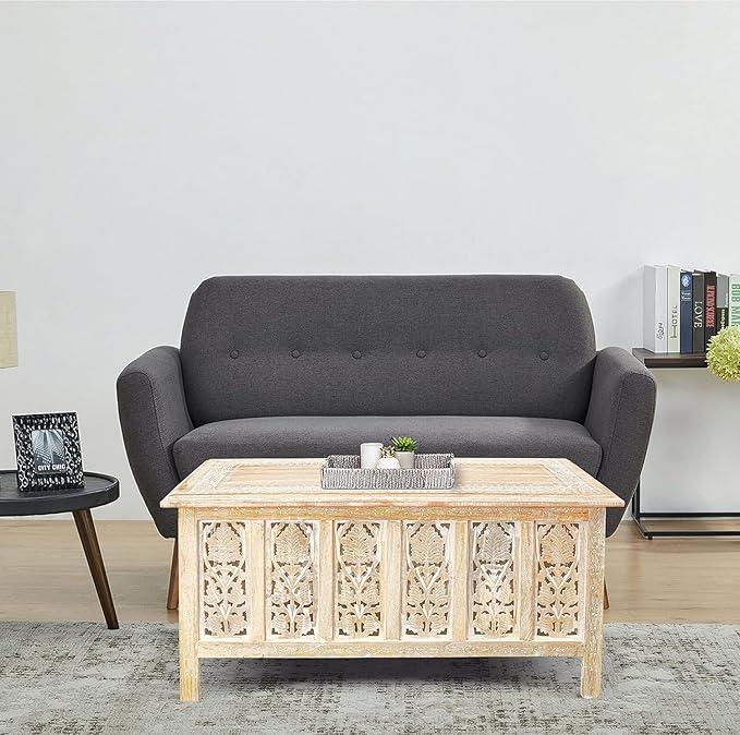 The Wooden Town Rectangular Coffee Table – 36x18 Inch White Wash Finish | Modern Wooden Center Table for Living Room | Vintage Look Side Table for Magazines, Books & Plants