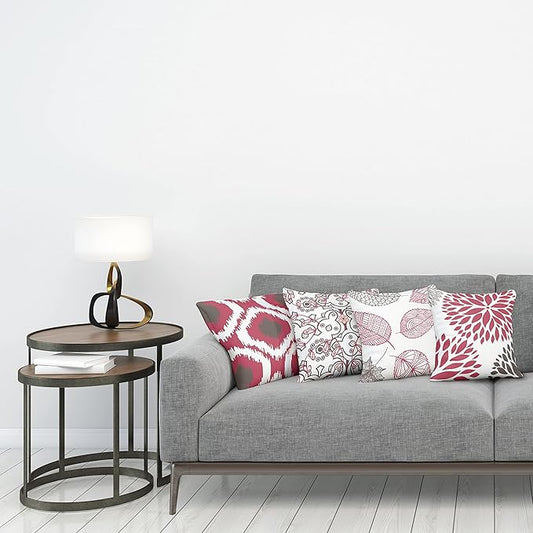 Ambesonne Vintage Throw Pillow Cushion Case Pack of 4, Bohemian Ornamental Leaves Dahlia Pattern Geometric Art Curlicue Motif, Modern Accent Double-Sided Digital Printing, 16", Raspberry Taupe White